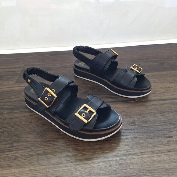 💙 Vince Camuto Anivay Leather Platform Sandals Size 11 Black Gold - Picture 7 of 8